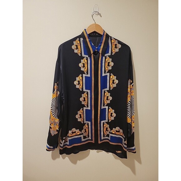 Vintage Creme De Silk Black/Gold Silk Button-Down Shirt Baroque Rotary Print L? - Picture 1 of 10